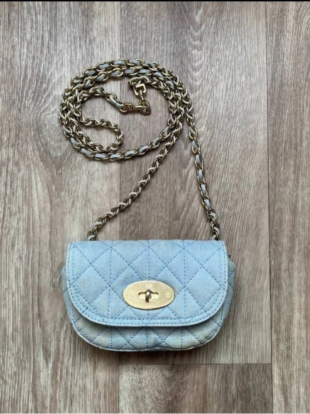 Mulberry Quilted Light Blue Crossbody with Gold Chain